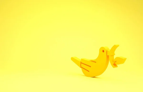 Yellow Peace dove with olive branch icon isolated on yellow background. Happy Easter. Minimalism concept. 3d illustration 3D render