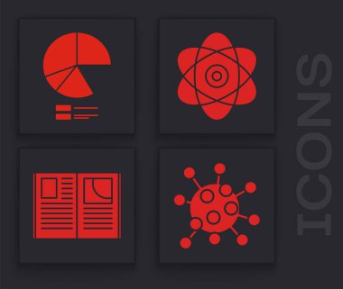 Bakteri, pasta grafiği, atom ve açık kitap simgesini ayarla. Vektör