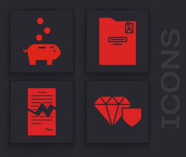 Rozetli elmas, bozuk paralı domuz kumbarası, kişisel klasör ve Yırtık kontrat ikonu. Vektör