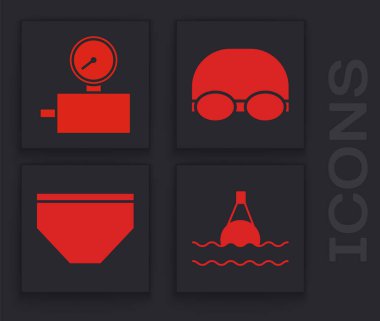 Denizde yüzen şamandıra, ölçek ölçeği, yüzme ve yüzme ikonu için gözlük ve şapka ayarlayın. Vektör