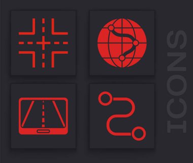 Yol konumunu, trafik işaretini, dünya üzerindeki konumu ve şehir haritası yön bulma simgesini ayarlayın. Vektör