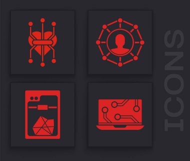 Laptop, İşlemci, Proje ekibi tabanı ve 3D yazıcı simgesini ayarla. Vektör