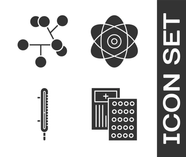 Set Pastillas Blister Molécula Medición Del Termómetro Meteorología Icono Del — Vector de stock