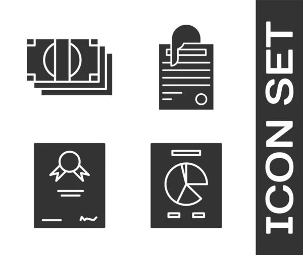 Set Dokument Mit Diagrammdiagramm Stapeln Papiergeld Bargeld Zertifikatsvorlage Und Datei — Stockvektor