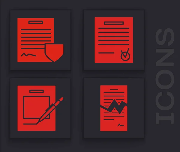 Set Torn contract, Contract with shield, Confirmed document and check mark and Blank notebook and pen icon. Vector