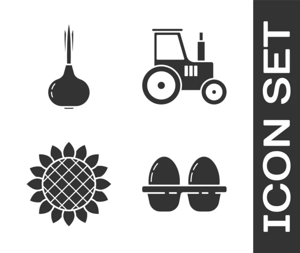 Establecer Huevo Pollo Caja Cebolla Girasol Tractor Icono Vector — Vector de stock