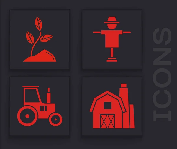 Set Farm House Konzept Sprossen Vogelscheuche Und Traktor Symbol Vektor — Stockvektor