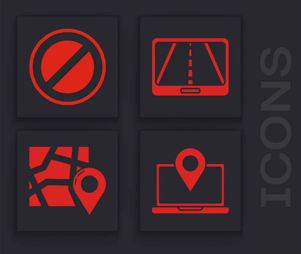 Set Laptop Location Marker Stop Sign Infographic City Map Navigation — Stockový vektor