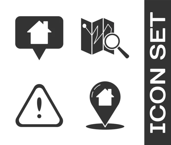 Установить Указатель Карту Домом Указатель Карту Домом Знак Exclamation Треугольнике — стоковый вектор
