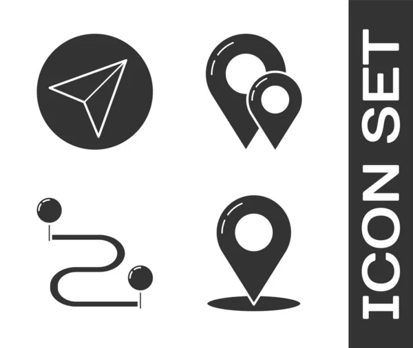地図ピン 紙飛行機 ルート位置 地図ピンアイコンを設定します ベクトル — ストックベクタ