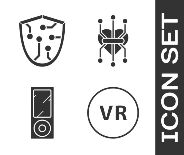 Establecer Realidad Virtual Seguridad Cibernética Reproductor Música Icono Del Procesador — Vector de stock