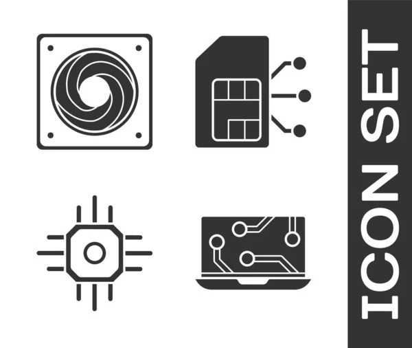 设置笔记本电脑 计算机冷却器 处理器和锡卡图标 — 图库矢量图片