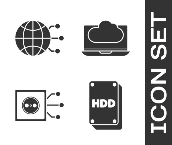 设置硬盘驱动器Hdd 全球技术或社交网络 远程控制和云技术数据传输和存储图标 — 图库矢量图片