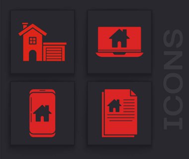 Ev sözleşmesini, House 'u, laptop' ı, akıllı ev telefonunu ve akıllı ev simgesini ayarla. Vektör