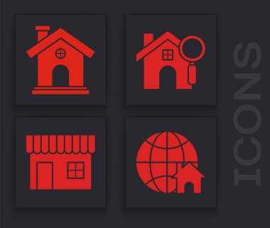 Globe 'u ev sembolü, Ev, Arama evi ve Alışveriş binası veya market simgesi ile ayarla. Vektör