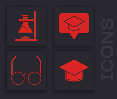 Mezuniyet şapkası, cam test tüpü şişesi, konuşma balonunda mezuniyet şapkası ve gözlük. Vektör