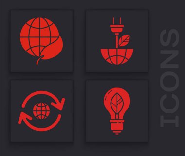 Yaprak, Dünya küresi ve yapraklı ampulü, yaprak ve Dünya gezegenindeki elektrik prizini ve geri dönüşüm ikonunu ayarla. Vektör