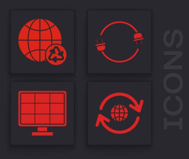 Dünya gezegenini ve geri dönüşümü, Dünya gezegenini, geri dönüşümü, elektrik prizini ve Güneş enerjisi ikonunu ayarla. Vektör