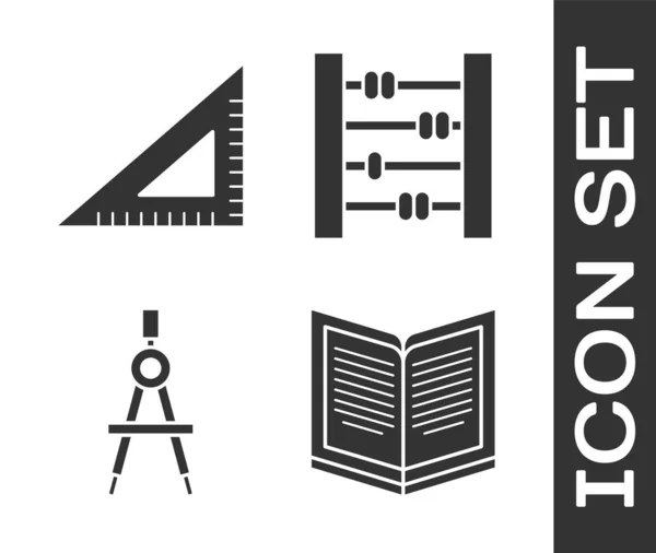 開いている本 三角定規 図面コンパス そろばんのアイコンを設定します ベクトル — ストックベクタ