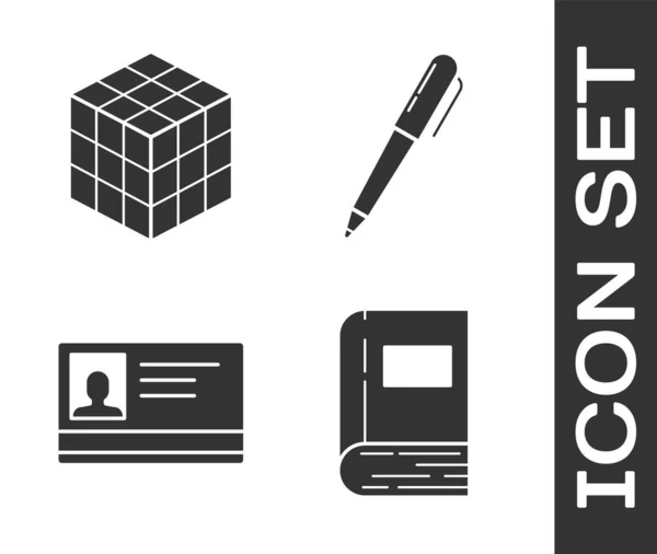 Set Boek Rubik Kubus Identificatie Badge Pen Icoon Vector — Stockvector