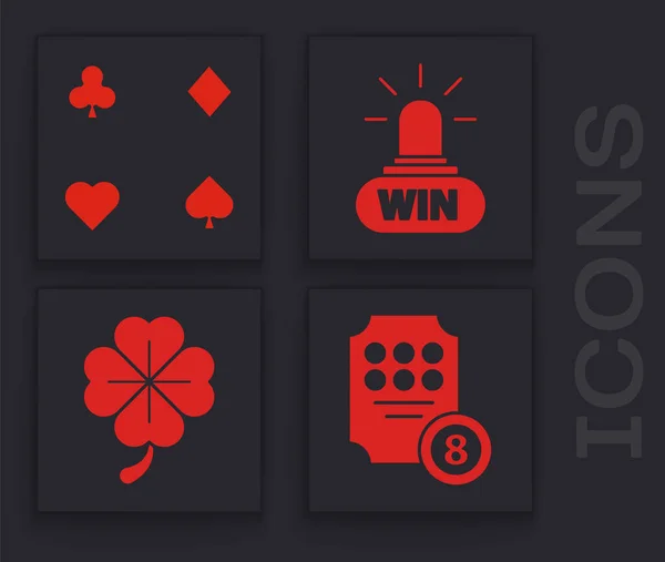 Set Online Gokautomaat Speelkaarten Casino Winnen Four Leaf Klaver Pictogram — Stockvector