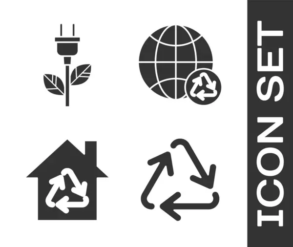 Set Recycle Symbol Enchufe Ahorro Eléctrico Hoja Eco House Con — Vector de stock