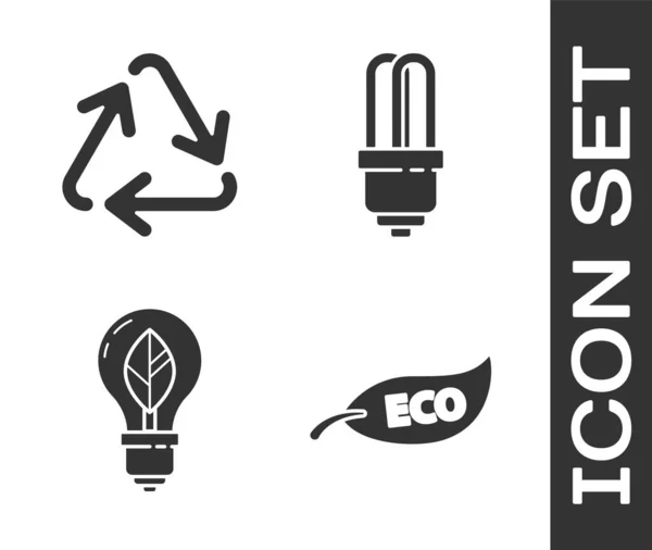 Set Hoja Eco Símbolo Reciclar Símbolo Bombilla Con Hoja Icono — Vector de stock