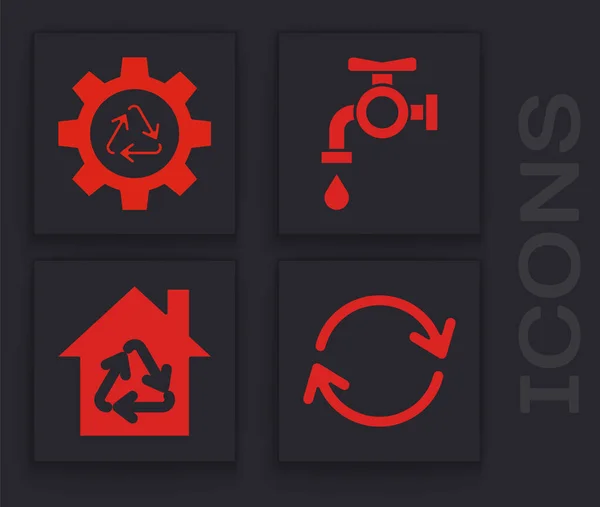 Set Refresh, Recycle symbol and gear, Water tap and Eco House with recycling symbol icon. Vector