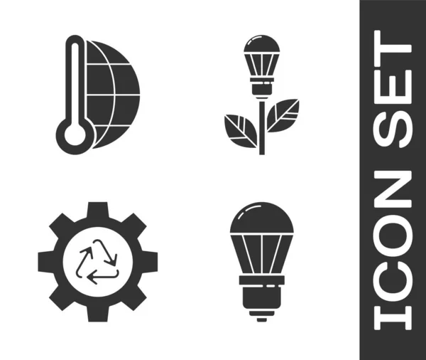 Conjunto Bombilla Led Medición Del Termómetro Meteorología Símbolo Reciclaje Engranaje — Vector de stock