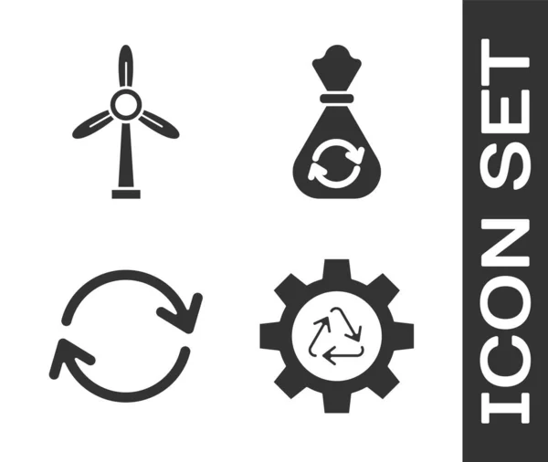 Set Reciclar Símbolo Engranaje Turbina Eólica Refrescar Bolsa Basura Con — Vector de stock