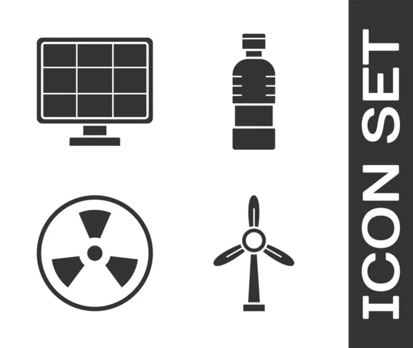 Set Turbina Eólica Panel Energía Solar Radioactivo Botella Agua Icono — Vector de stock