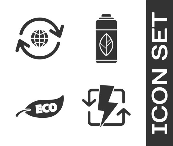 Set Recarga Planeta Tierra Reciclaje Hoja Eco Símbolo Reciclaje Plástico — Vector de stock