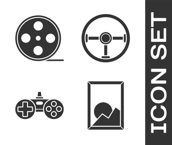 Set Picture Landscape Film Reel Gamepad Steering Wheel Icon Vector — Stock Vector