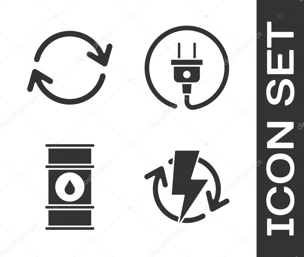 Set Recharging, Refresh, Oil barrel line and Electric plug icon. Vector