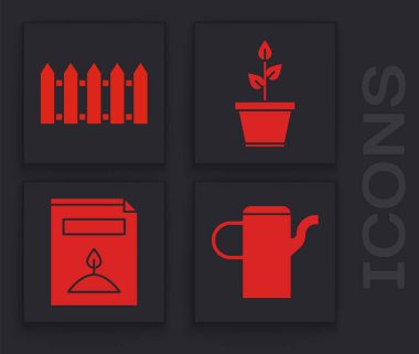 Sulama kutusu, bahçe çiti ahşabı, saksıda bitki ve belli bir bitki simgesinin tohumlarıyla dolu bir paket. Vektör