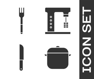 Yemek tenceresi, çatal, bıçak ve elektirik karıştırıcı ikonu hazırla. Vektör