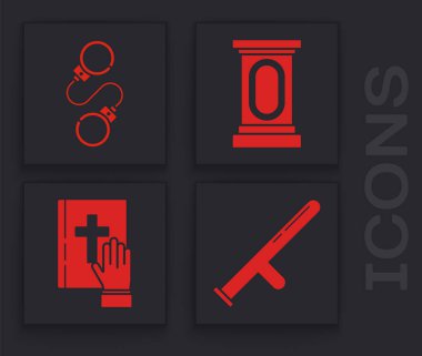 Polis kauçuk sopası, kelepçe, sahne standı ya da kürsü kürsüsü ve yeminini kutsal İncil ikonu üzerine koyun. Vektör