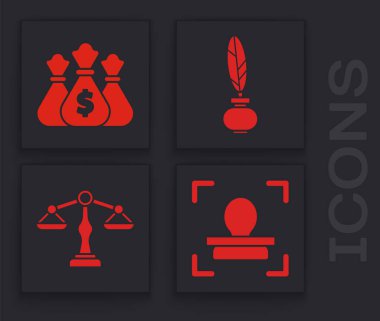 Yüz tanıma, para çantası, tüy, mürekkep ve adalet ikonu pulları. Vektör