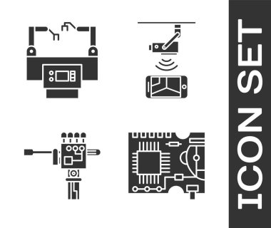 Yazdırılmış devre kartı PCB, Assembly line, Mekanik robot el ve tornavida ve Kablosuz Kontrol CCTV güvenlik kamerası ikonu. Vektör