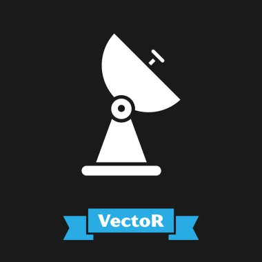 Beyaz Radar simgesi siyah arkaplanda izole edildi. Arama sistemi. Uydu sinyali. Vektör İllüstrasyonu