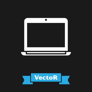 Siyah arkaplanda beyaz dizüstü bilgisayar simgesi izole edildi. Boş ekran işaretli bilgisayar defteri. Vektör İllüstrasyonu