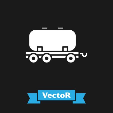 Beyaz Petrol Sarnıç simgesi siyah arkaplanda izole edildi. Tren vagonundaki petrol tankı. Demiryolu nakliyesi. Petrol endüstrisi. Vektör İllüstrasyonu