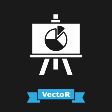 Grafik, çizelge, çizelge, diyagram, bilgi, turta grafik simgesi içeren beyaz sunum tahtası siyah arkaplanda izole edildi. Vektör İllüstrasyonu