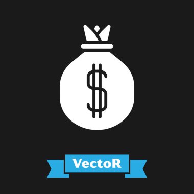 Beyaz Para çanta simgesi siyah arka plan üzerinde izole. Dolar veya Usd sembolü. Nakit Bankacılık para birimi işareti. Vektör İllüstrasyonu