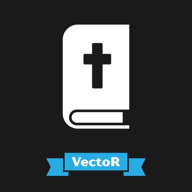 Beyaz kutsal kitap ikonu siyah arka planda izole edilmiş. Vektör İllüstrasyonu