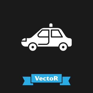 Beyaz polis arabası ve polis teşhircisi simgesi siyah arka planda izole edildi. Acil durum sireni. Vektör İllüstrasyonu