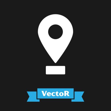 Beyaz Harita iğne simgesi siyah arkaplanda izole edildi. Navigasyon, işaret, konum, harita, GPS, yön, yer, pusula, arama konsepti. Vektör İllüstrasyonu