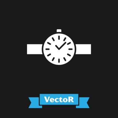 Beyaz bilek saat simgesi siyah arkaplanda izole. Kol saati simgesi. Vektör İllüstrasyonu