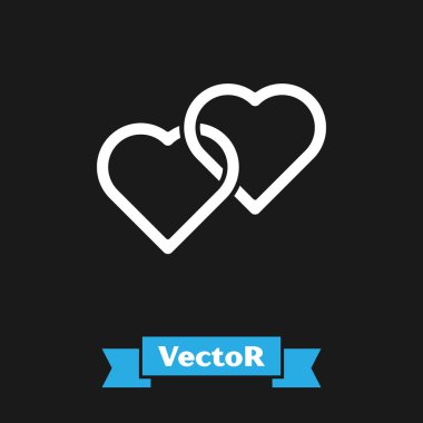 Beyaz İki Bağlı Kalp simgesi siyah arkaplanda izole edildi. Romantik sembol, bağlanma, tutku ve düğün. Mutlu Kadın Günleri. Vektör İllüstrasyonu