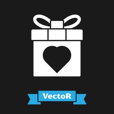 Beyaz hediye kutusu ve kalp simgesi siyah arka planda izole edilmiş. 8 Mart. Uluslararası Mutlu Kadınlar Günü. Vektör İllüstrasyonu